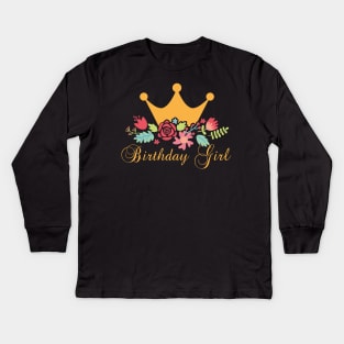 Floral Crown Birthday Girl Kids Long Sleeve T-Shirt